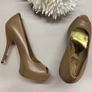 Gucci Designer Shoe High Heels Open Toe Platform Pump Nappa Leather Marron Taupe